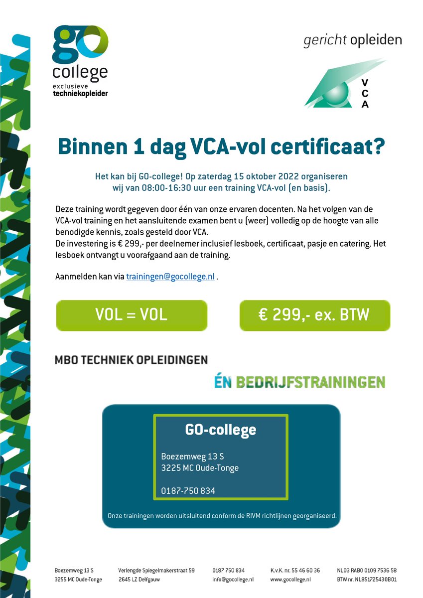 Zaterdag 15 oktober organiseren wij voor u #VCA-vol in één dag!
