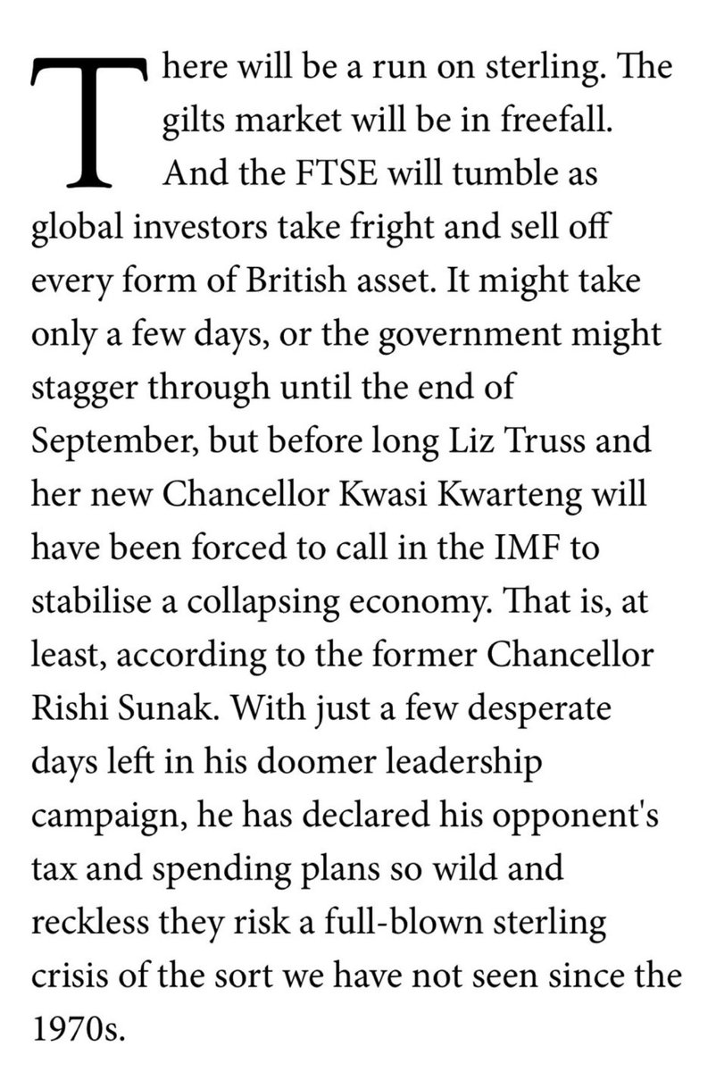 This piece from August, which accused Sunak of “desperate” warnings about what Truss policies could do to the £, is doing the rounds among Conservative MPs, I’m told. Tory source: 'Those who only backed Liz for their career are quickly realising the consequences of their actions”