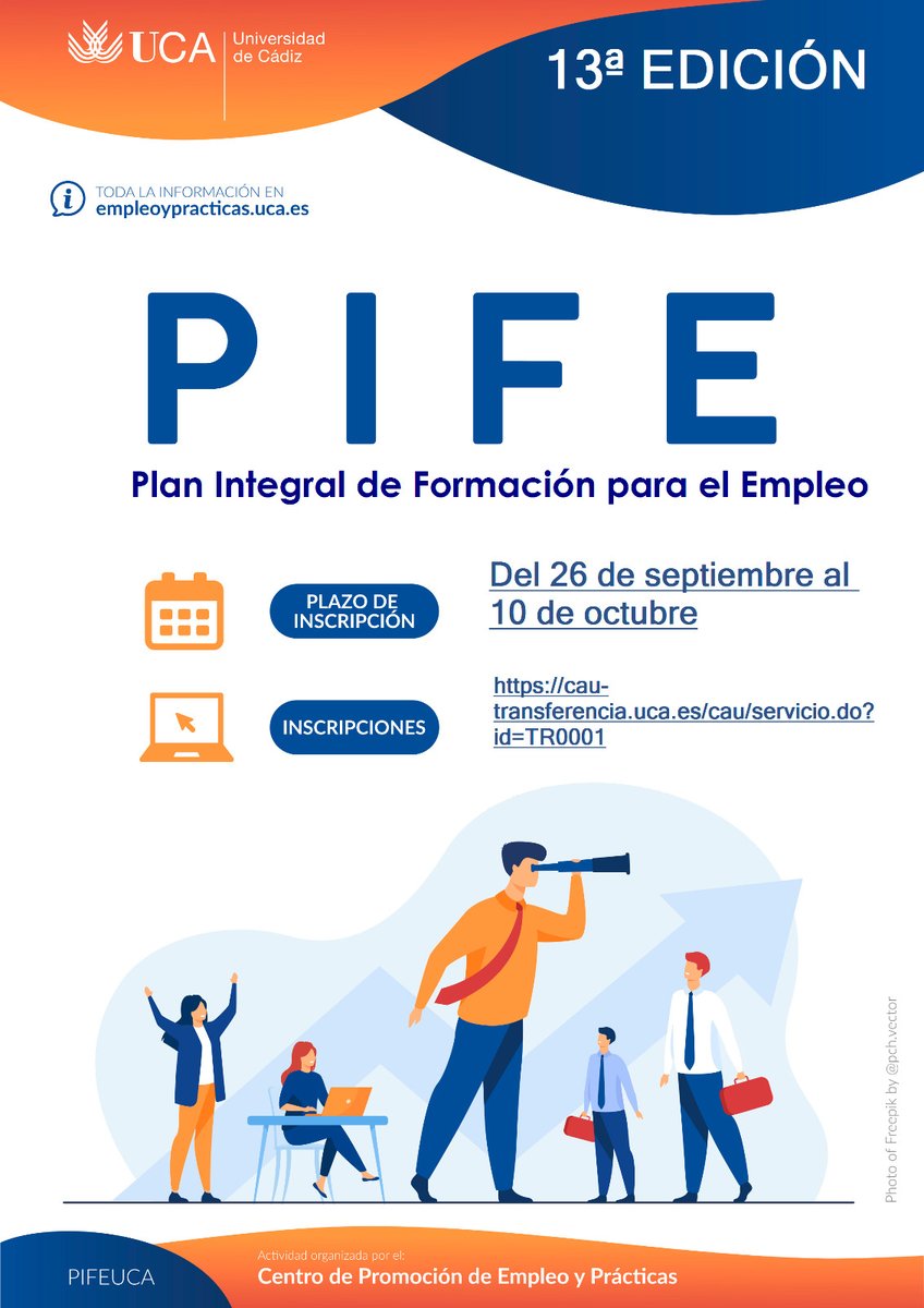univcadiz's tweet photo. 💼El Centro de Promoción de #EmpleoyPrácticas de la #UCA pone en marcha la 1ª parte del 13º #PIFE – Orientación Profesional, de forma online, para el curso académico 2022/23, con la finalidad de mejorar la empleabilidad del alumnado de la UCA. https://t.co/3QIHsCBbcw