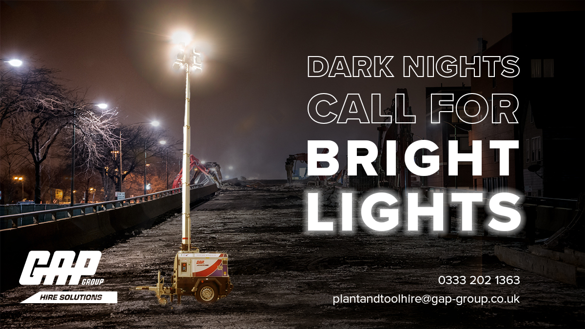 GAPGroupHire's tweet photo. Dark nights call for bright lights 💡 

With dark nights fast approaching, it's time to consider how you will keep your site safe and visible over the winter. GAP has a range of tower lights ready for hire.

Email plantandtoolhire@gap-group.co.uk for hire enquiries.

#trustinGAP https://t.co/a67XzNv65C