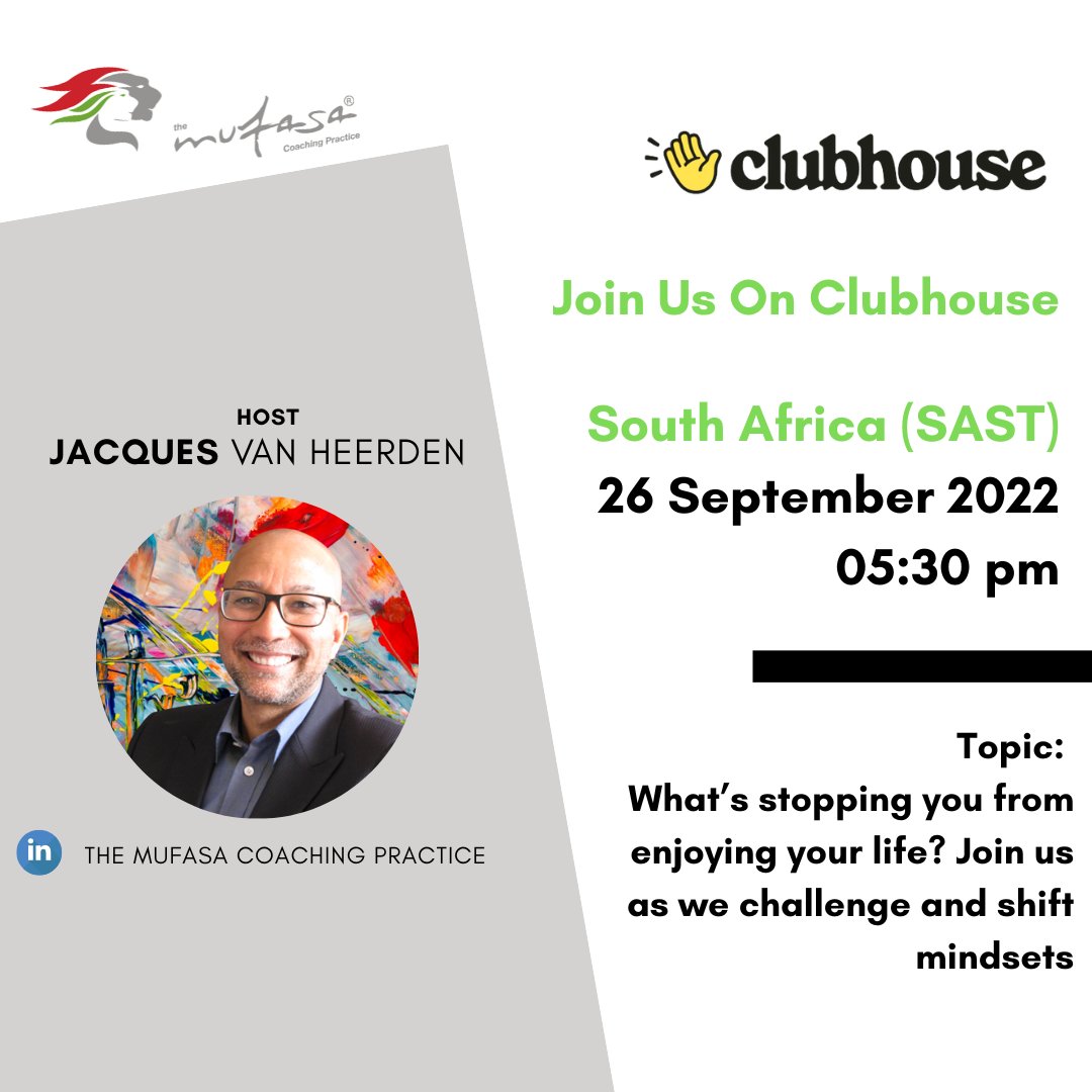 MufasaCoaching's tweet photo. What’s stopping you from #EnjoyingYourLife? Join us as we challenge and #ShiftMindsets on this #Clubhouse talk - "My Life, My Business: Wish I was here!" hosted by our Founder, @Jacques_Mufasa
Click on the link to join talk: https://t.co/NMkyGxLqci https://t.co/CDwVAbLs9v