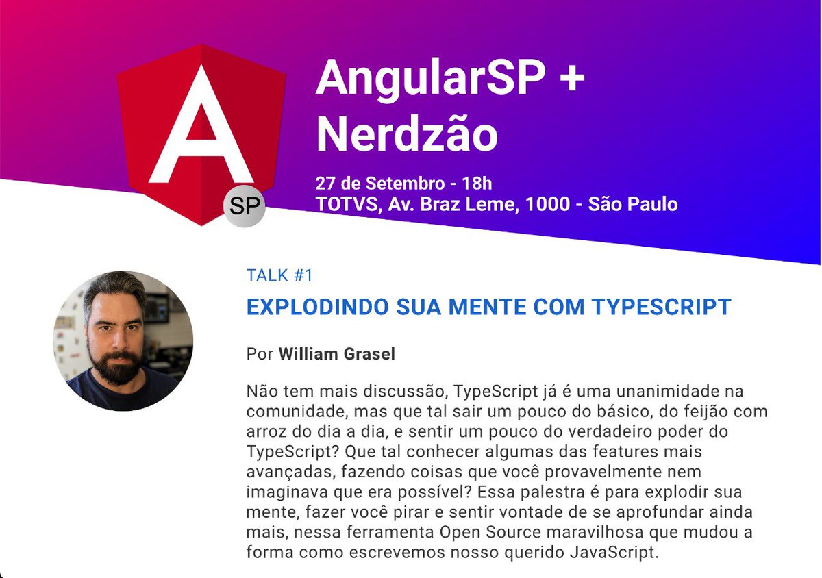AngularSP's tweet image. Faala Dev! 😃
Passando aqui pra te avisar que terça feira 27/09, vai acontecer nosso primeiro evento presencial depois de muito tempo! Acontecerá na Totvs em parceria com Nerdzão 🚀
Mas corre que as inscrições vão até hoje e são vagas limitadas: bit.ly/ng-nerd