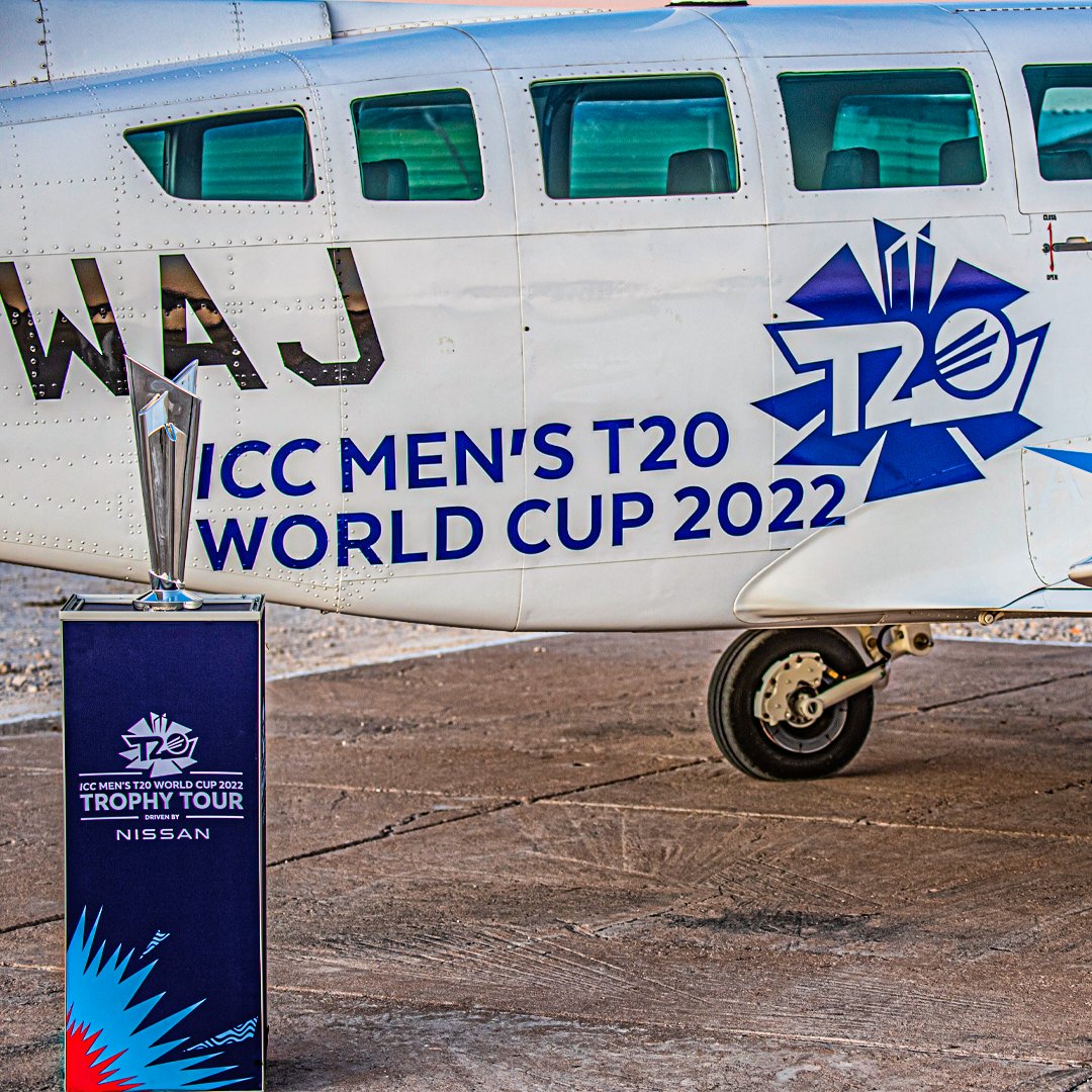 T20WorldCup's tweet photo. Travelling Namibia by land and sky 🛩 🇳🇦 

The best of the photos as the ICC Men's #T20WorldCup Trophy Tour, driven by @Nissan, visited the land of many faces. https://t.co/ARBoIk8n31