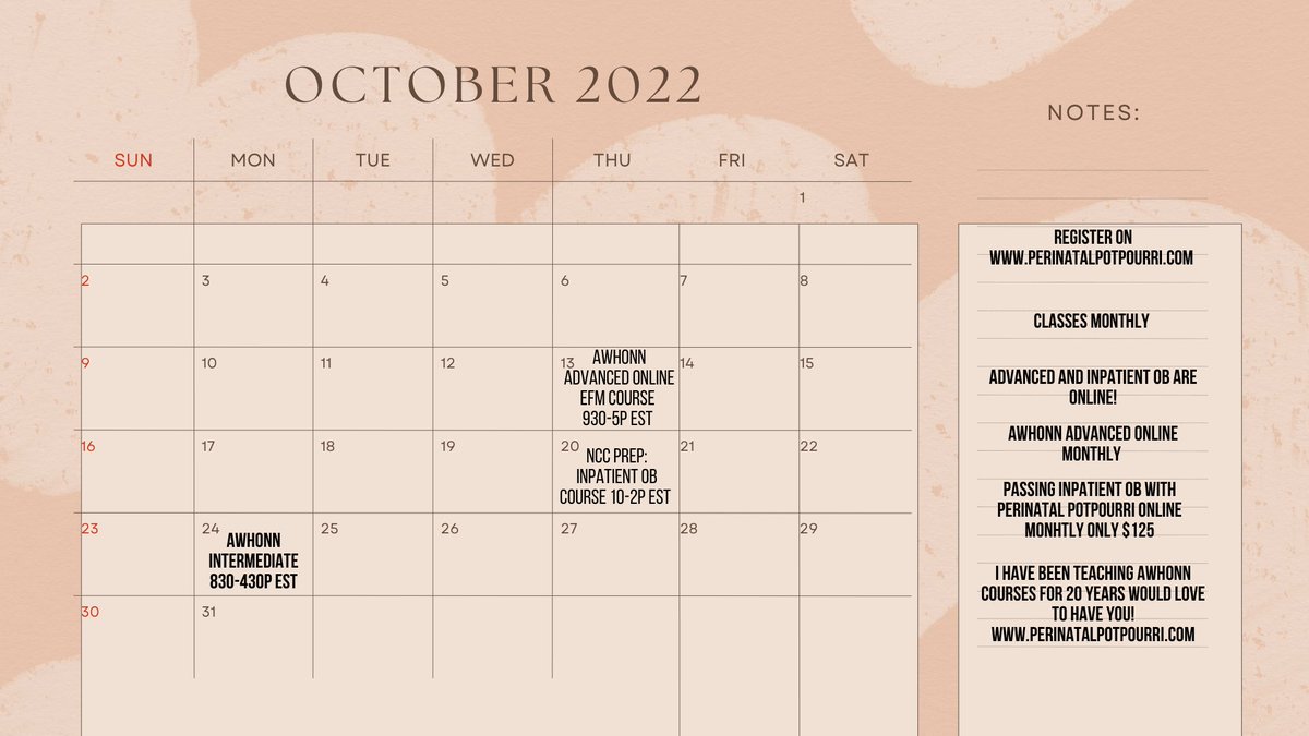 PerinatalPot's tweet photo. Perinatal Potpourri October Calendar 2022 https://t.co/l7EyGIQ48j #awhonncourses #awhonnadvanced #AWHONNIntermediate #NCCInpatientOBcourses #NCCPrep #RNC-OB https://t.co/bCEX71rmQM