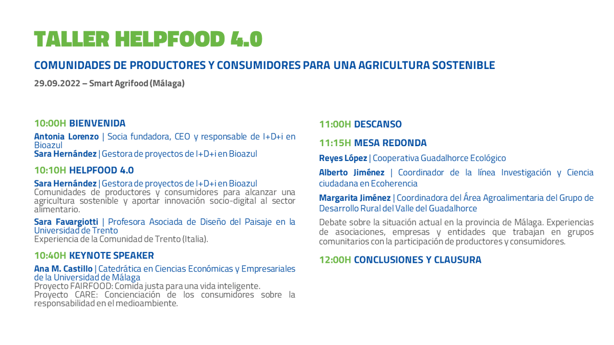 bioazul_spain's tweet photo. 📣Estos son los ponentes que nos acompañarán el 29 SEP en nuestro taller #HelpFood en 
@SmartAgriFoodSu.

📥Apúntate ahora a nuestro taller y consigue gratis un pase para visitar la feria #Agrifood22 👉 https://t.co/jZV2lnqm14

Más información ➡️ https://t.co/67bQFQEigz https://t.co/d7UQK3yEpI