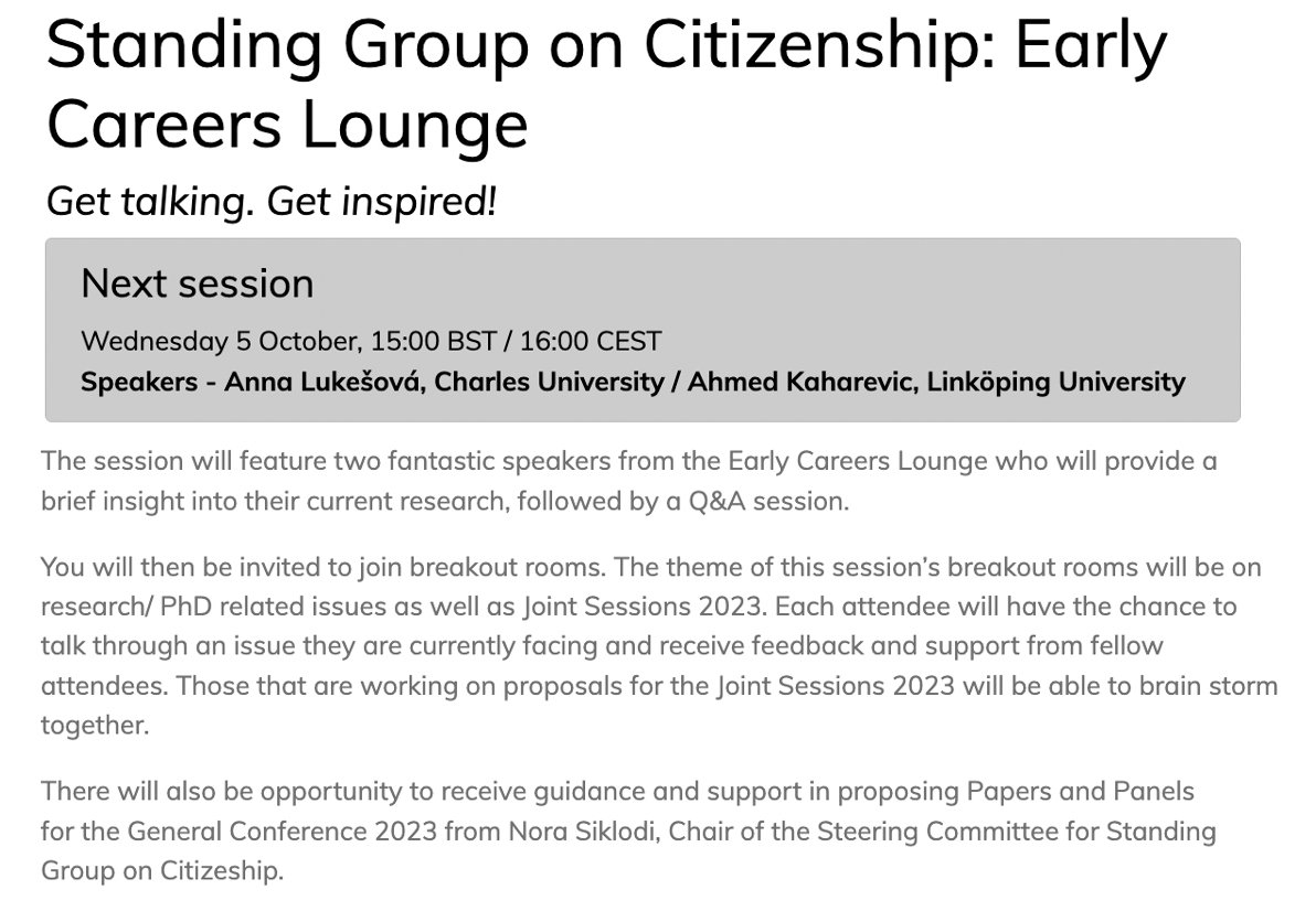 #PhD candidates and #ECRs interested in citizenship and related topics, join our next Early Careers Lounge🗓️ 5th October 3pm (BST). Meet our fab speakers, network with peers and learn more about ECPR conference 2023 from <a href="/ECPRSGCitizen/">ECPR Standing Group on Citizenship</a> chair @NoraSiklodi 👉ecpr.eu/Events/206