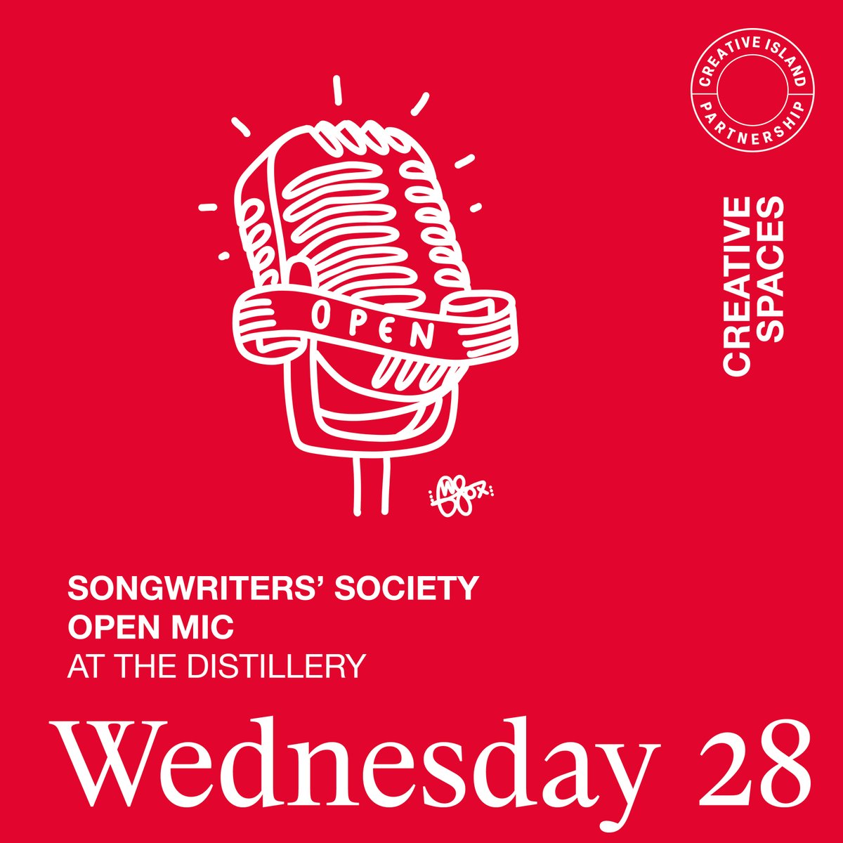 SONGWRITERS SOCIETY OPEN MIC - WEDNESDAY 28TH SEPTEMBER - THE DISTILLERY - 7:00pm - 9:30pm

Join Ben Shea, Jonny Labey, Kyra Grief, Ricardo Santos at the Distillery. Anyone can come and share music but it’s all original! FREE for all.
Delivered by the Creative Island Partnership.