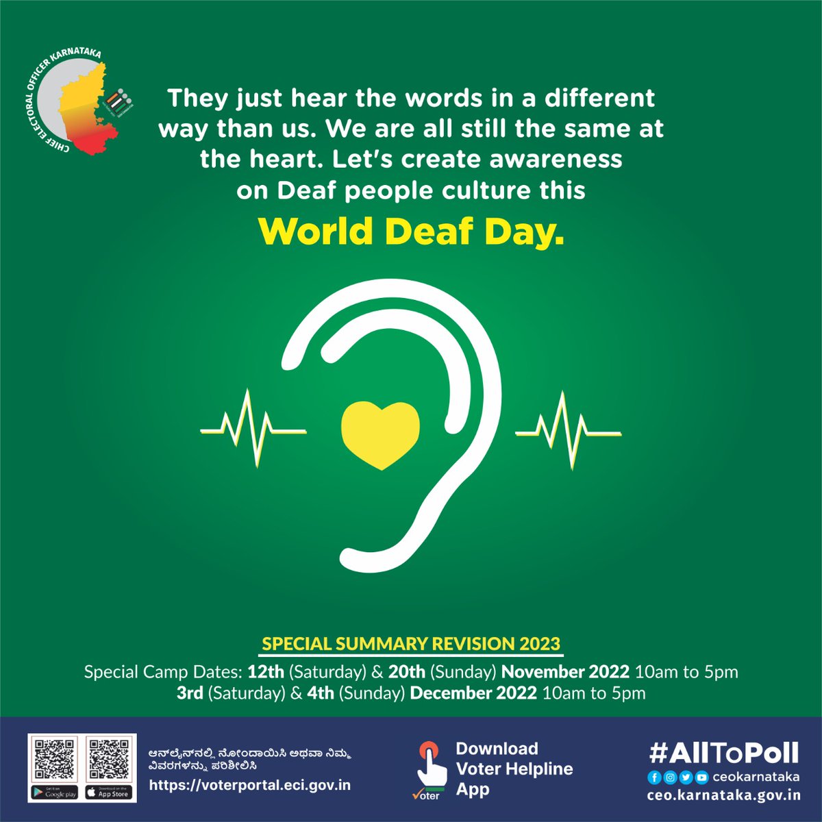 ceo_karnataka's tweet photo. World Deaf Day 26th September
@ECISVEEP 
@SpokespersonECI 
@rajivkumarec  

#accessible #PwD #worlddeaf #NoVoterToBeLeftBehind https://t.co/IIIRLGkCCW