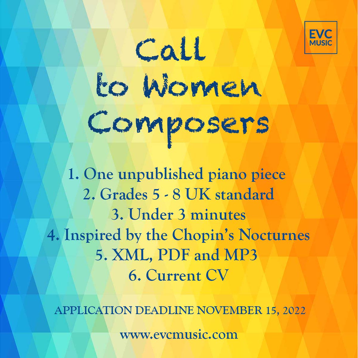 Hello everyone! 
Please help us to discover new names - RT and share our #CallToWomenComposers🎶 evcmusic.com/evc-announces-… #evvcmusic #womencomposers #femalecomposers