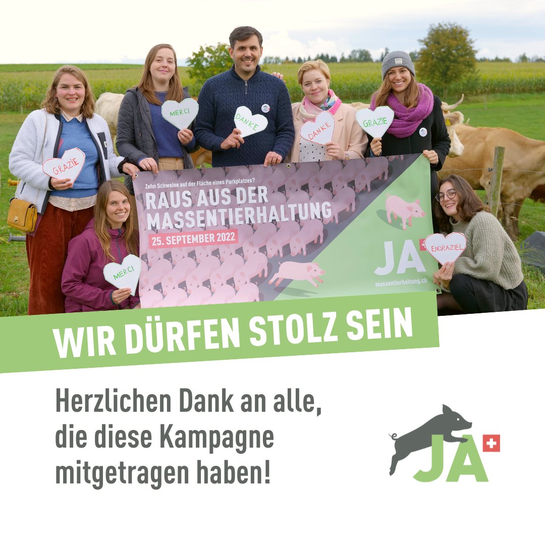 Ob Unterschriften gesammelt, Flyer verteilt, Standaktionen organisiert, unsere Forderungen geteilt und mit dem JA an der Urne bestätigt. Ihr habt diese Kampagne mitgetragen. Dafür sind wir allen zutiefst verbunden und sagen: Herzlichen Dank! 🐷💚