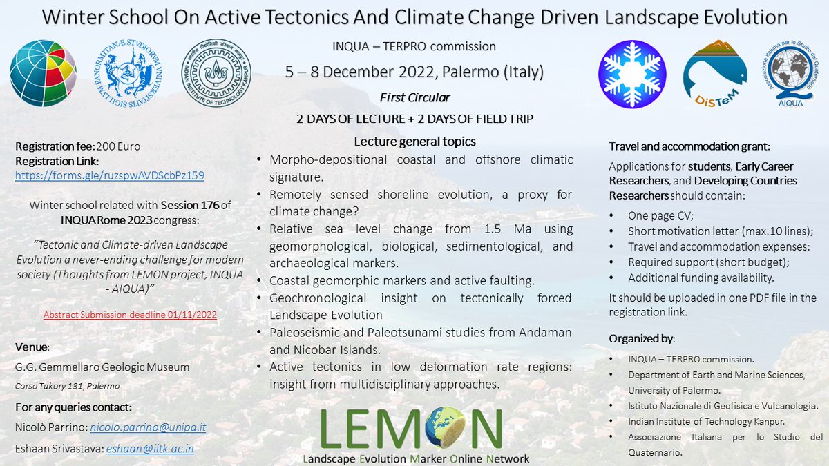 the_LEMON_wg's tweet photo. We are glad to release the first circular of "Winter School On Active #Tectonics And #ClimateChange Driven #Landscape Evolution" that will take place in #Palermo next December.

Related with Session 176 of @InquaRoma2023 and organized by @terpro_inqua and @aiqua_quat https://t.co/6fqSMvyAfS