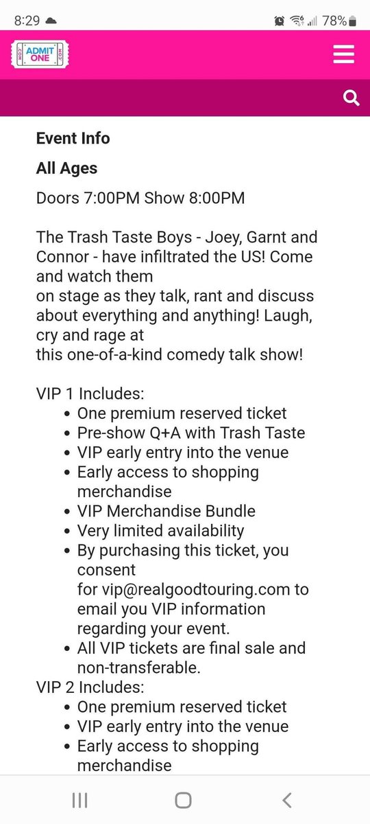 ktcaines's tweet photo. @worthlessboyo @TrashTastePod I have a screenshot of VIP 1. It's for the Toronto show, but I'm assuming all the perks are the same. I'm also curious what time the pre-show starts. https://t.co/cabm1uHUrf