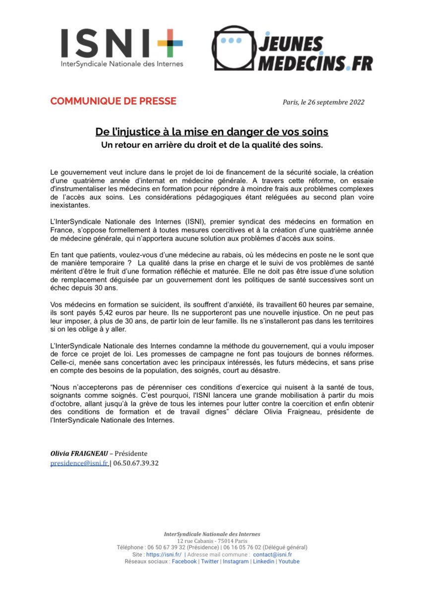 ISNItwit's tweet photo. [Communiqué de Presse] Les #internes ne doivent plus être les variables d’ajustement d’un système de #santé à la dérive ! https://t.co/nP8kK5EreY
