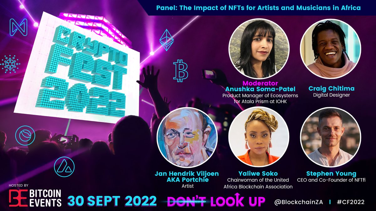 BitcoinEventsCo's tweet photo. Don't miss the panel 'The Impact of #NFTs for #Artists &amp; #Musicians in #Africa' at 
#CryptoFest2022 taking place in #CapeTown on 30 Sept. 

Anushka Soma-Patel will moderate the panel, with panelists @SokoYaliwe, @CraigChitima1, @IamPortchie &amp; @stephen_yo.

https://t.co/CuFgCDxGTc https://t.co/8JEX0Xow7N