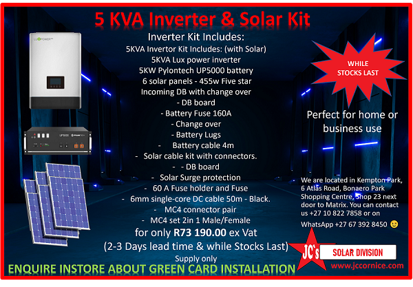 MstarProduct's tweet photo. We have 5 &amp; 7 KVA Invertor &amp; Solar Kits. We have the solution for you. We also offer Green Card Approved installation. We are located in Kempton Park, 6 Atlas Road, Bonaero Park Shopping Centre. Contact us +27 10 822 7858 or on WhatsApp +27 67 392 8450 https://t.co/YpKSFQsHQ4