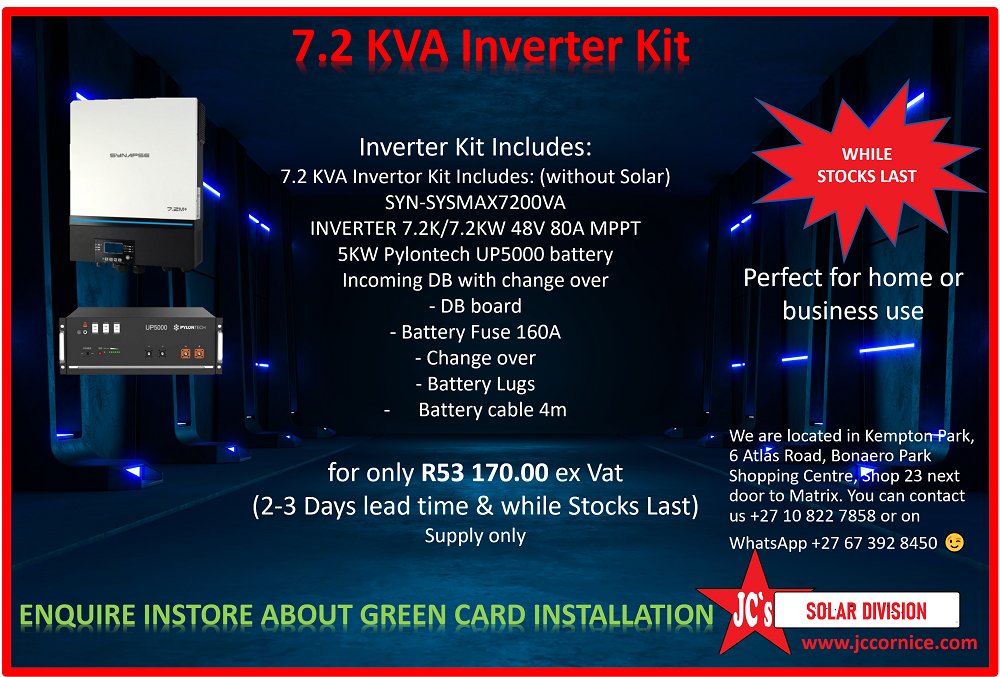 MstarProduct's tweet photo. We have 5 &amp; 7 KVA Invertor &amp; Solar Kits. We have the solution for you. We also offer Green Card Approved installation. We are located in Kempton Park, 6 Atlas Road, Bonaero Park Shopping Centre. Contact us +27 10 822 7858 or on WhatsApp +27 67 392 8450 https://t.co/YpKSFQsHQ4