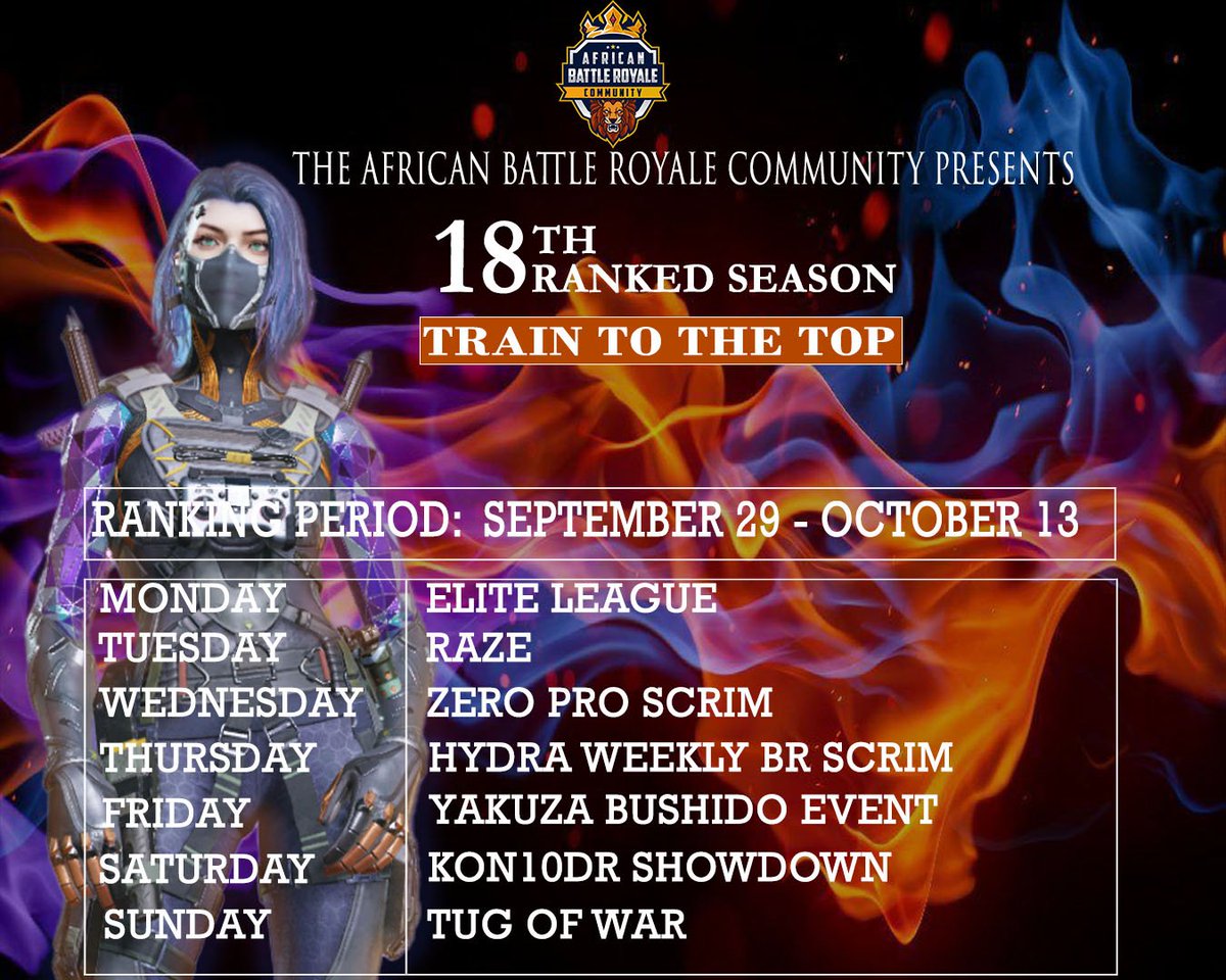 The much awaited and anticipated 18th ABC Ranked Season is here. Themed "TRAIN TO THE TOP"🚄. Returns with the best Battle Royale teams across Africa to challenge the reigning champions for Gold!🏆

Click on the link below to register your team!⤵️⤵️

discord.gg/62DfhvWU9Q