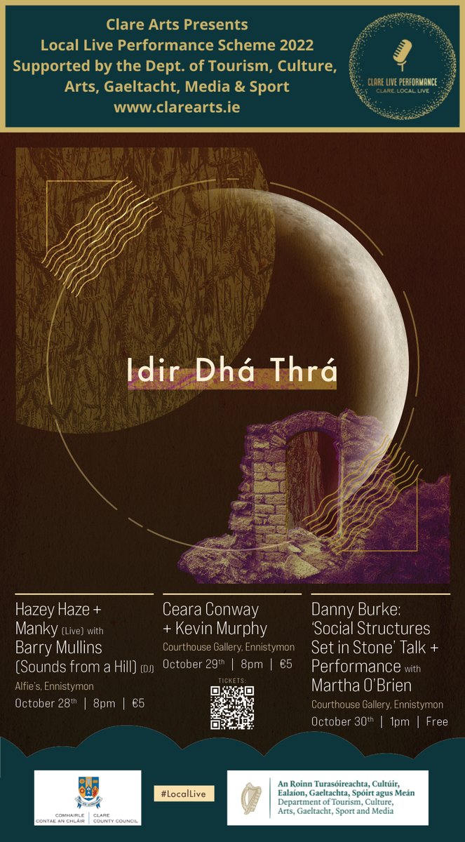 We have two weekends of events, performances and talks in Ennistymon coming up in October.  All events can be booked through our eventbrite page eventbrite.ie/o/idir-dha-thr….  Delighted to host these in Co. Clare, kindly supported by <a href="/ClareArtsOffice/">Clare Arts Office</a> and @DeptCulturelRL. #Locallive