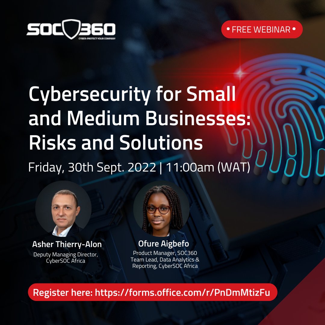 Cybersocafrica's tweet photo. Join us this Friday, 30th of September 2022, at 11:00am (WAT) as we discuss strategies you can implement to protect your business.
Register now - https://t.co/Li3yzBvVgJ
#CyberSOCAfrica #CyberSOC #SMB #Cybersecurity #CyberSecurityForSMBs #ProtectYourBusiness #cyberattack https://t.co/2qYBQmmMWN