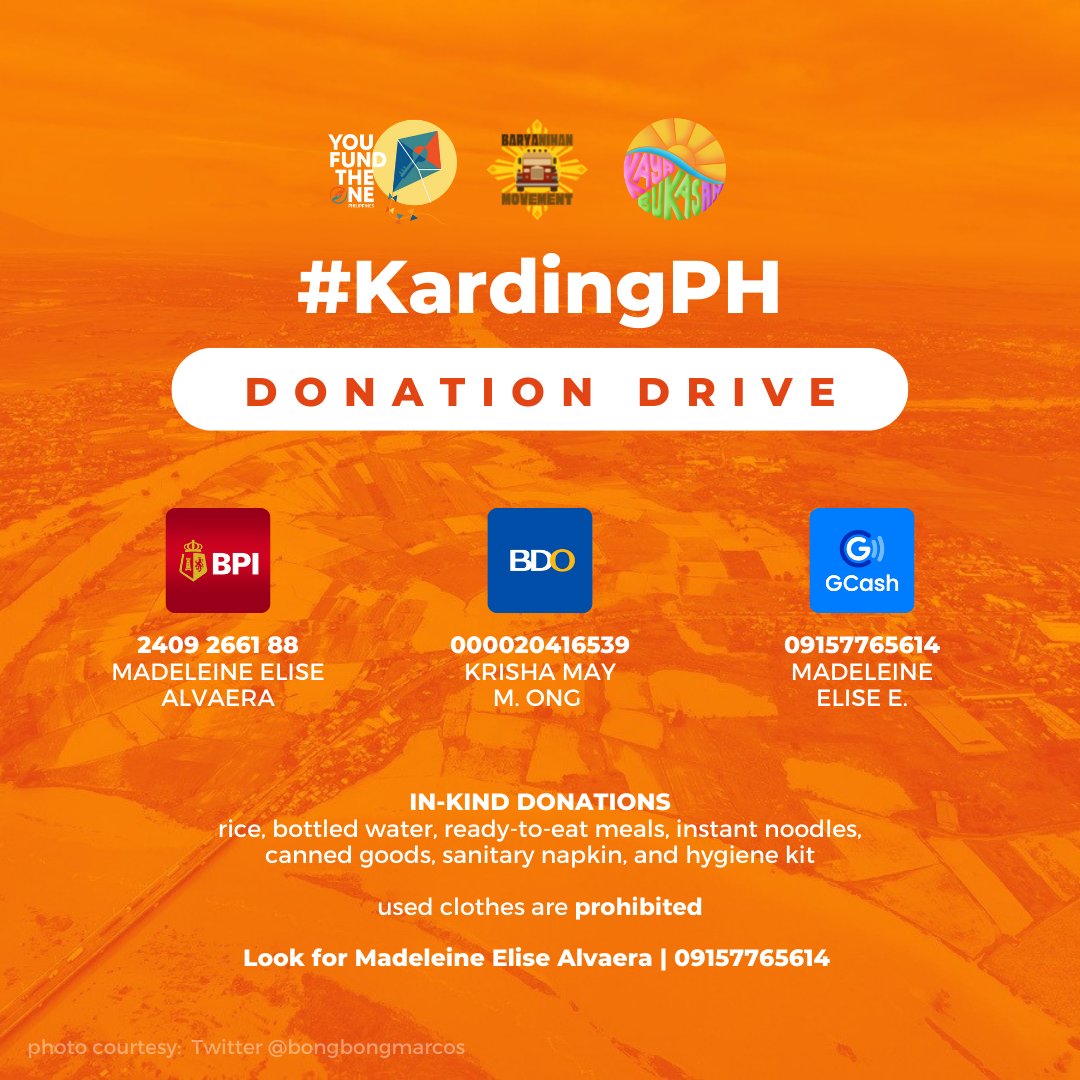 youfundtheoneph's tweet photo. BARYANIHAN PARA SA MGA NASALANTA NG #KardingPH

Kasalukuyang humahagupit ang Bagyong Karding sa iba’t ibang lugar ng Luzon. Marami ang naapektuhan at nasalanta dulot ng bagyong ito. https://t.co/kep7AJlpDL