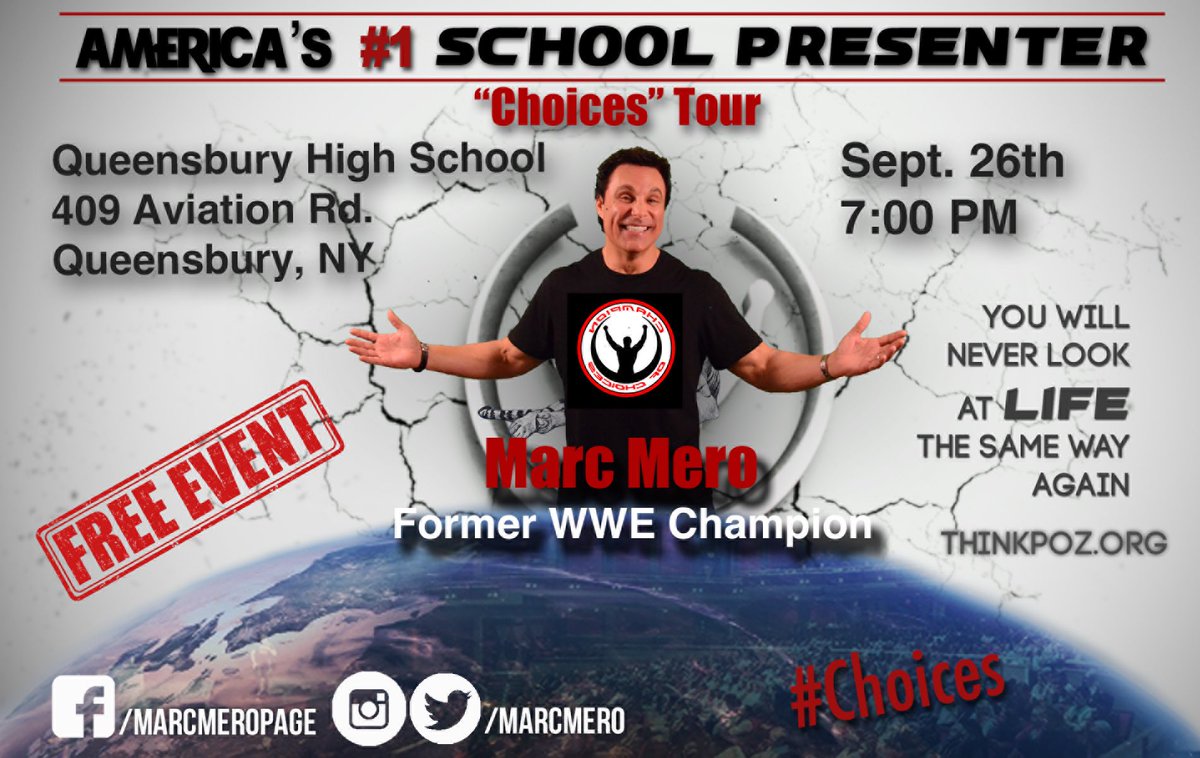 MarcMero's tweet photo. I’m am so pumped up for today’s 4 events at Queensbury High School. I will be presenting to the Middle School &amp; HS followed by a community event that everyone can attend. Don’t miss this life changing experience! Tonight at 7:00pm doors open at 6:30pm. https://t.co/DqAI3bzNg5 https://t.co/x6pNDEDcHD