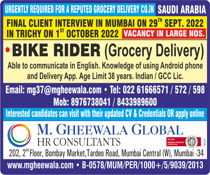 mgheewala_hrc's tweet photo. Job Vacancies for #SaudiArabia
Interested Candidates can send the updated resume to mg37@mgheewala.com
Learn More https://t.co/Ps4bxvjpD1
#saudijobs #gulfjobs #manpower #bikerider #gcclicense #grocerydelivery #basicenglish #bikedriver https://t.co/ZFgVc1g39O