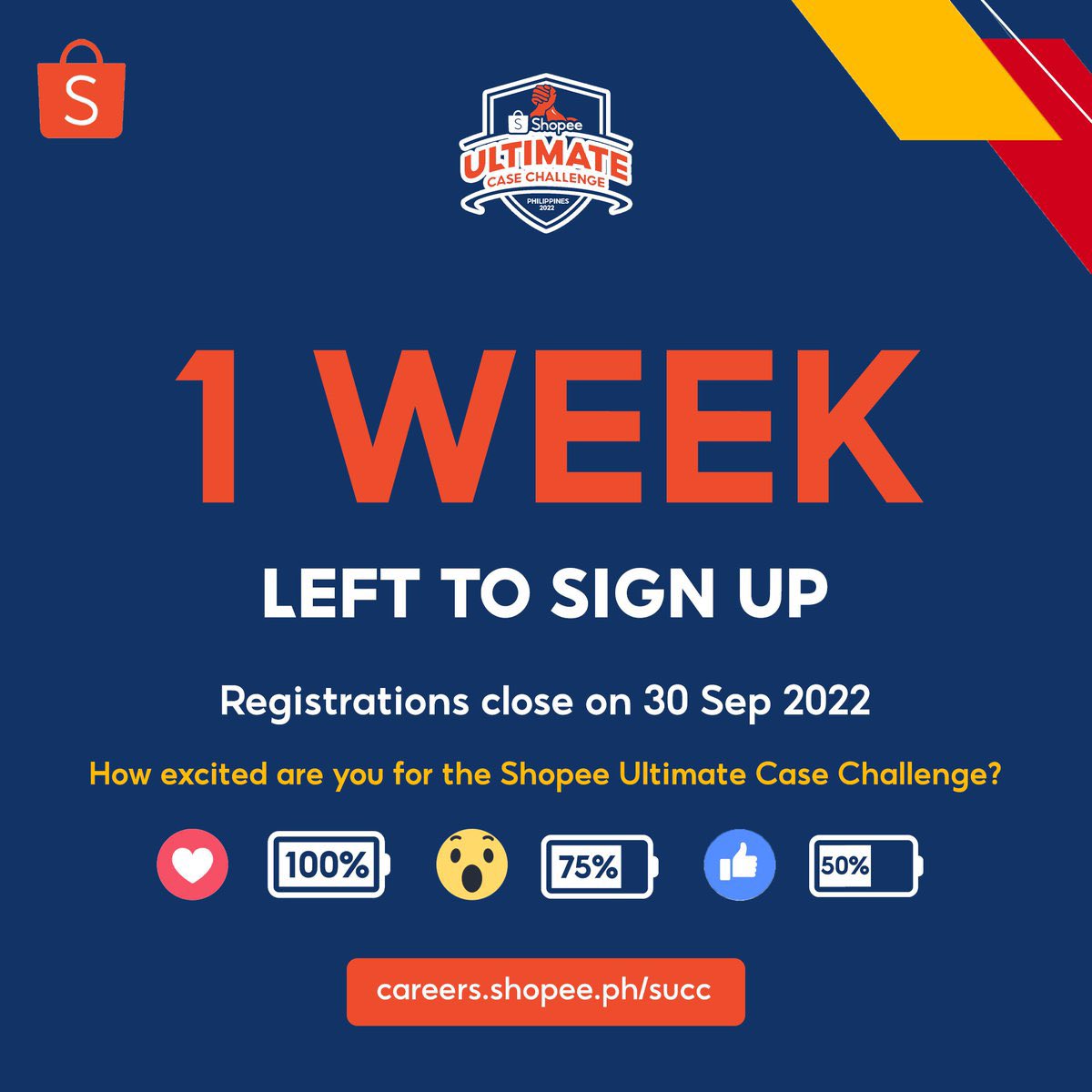 ustecosoc's tweet photo. ๐ฃ One week left to register! How excited are you for the Shopee Ultimate Case Challenge?
Grand prizes await so donโt miss out and register now at https://t.co/HqSNVBLw6C.
#ShopeePH #ShopeeUltimateCaseChallenge2022 #ShopeeUCC https://t.co/IeBf2F5lP5