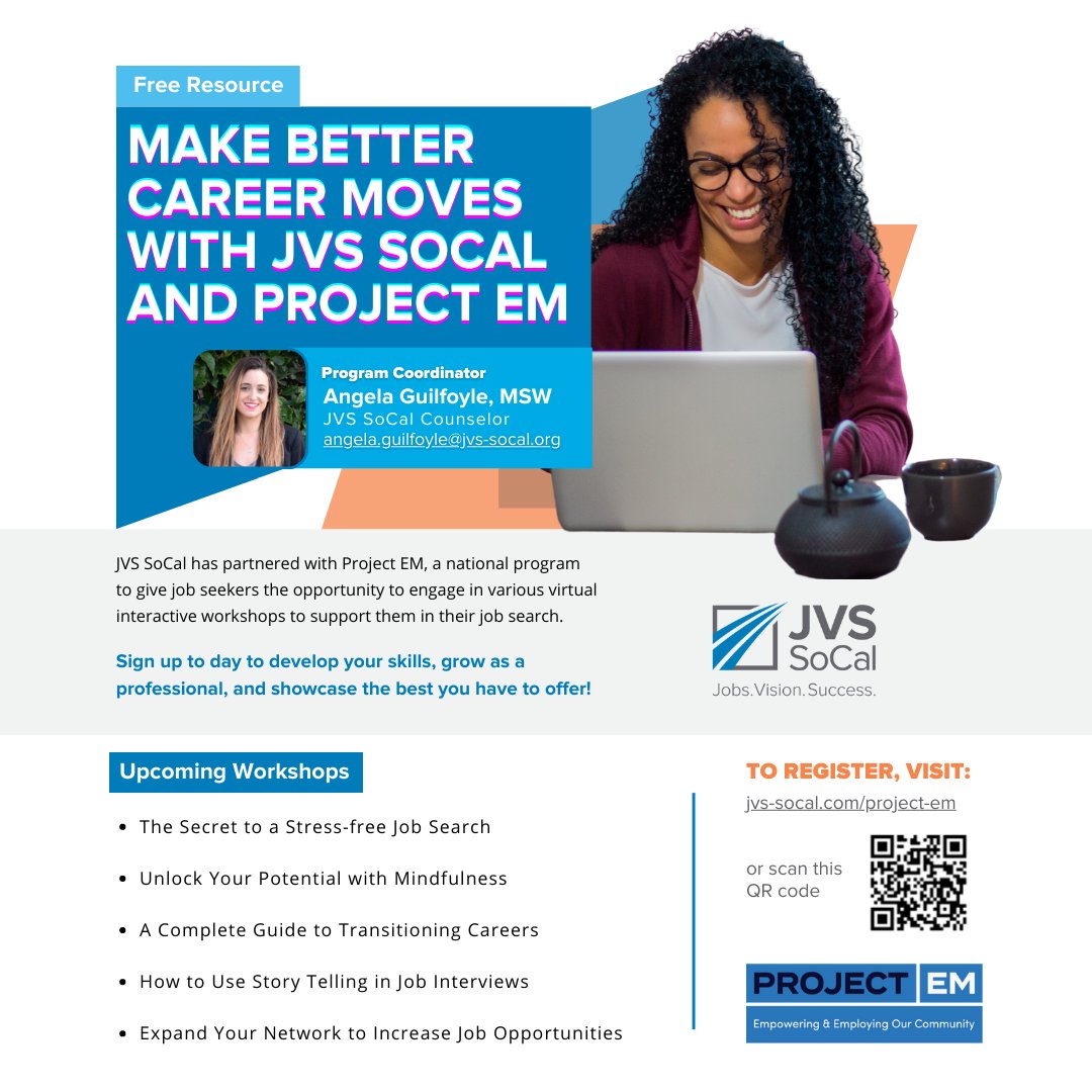 JVSSoCal's tweet photo. Did you know? JVS SoCal is part of a national network of Jewish social services agencies providing free online career advancement workshops. Sign up and learn about #ProjectEM and how we can help you land your next opportunity. https://t.co/piLz0sH3wC https://t.co/FtuRGUCpmj