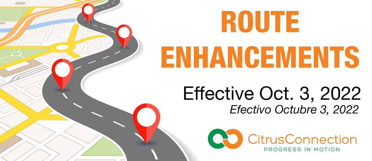 RideCitrus's tweet photo. Effective Monday, Oct. 3, Citrus Connection will implement Route Enhancements to several Lakeland Routes. Four new routes will be added in Lakeland including two Downtown Circulators, the Coral Line and the Lemon Line. Please go to https://t.co/k6mWwbItsU too see your route. https://t.co/7DTNq6f4Ak