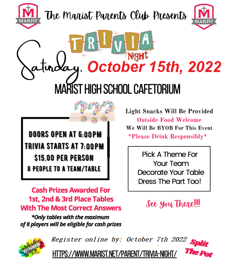 maristparents's tweet photo. Our annual Trivia night is coming again on October 15th! Check out the flyer and sign up on Marist high school website for a fun adult night out. @MaristChicago https://t.co/0hTiCC3fgM
