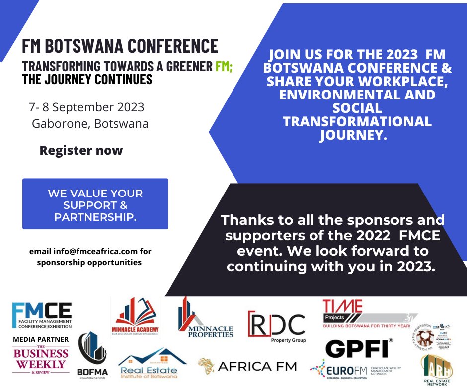 Be an inspirational game changer at the 2023 <a href="/FmceAfrica/">FMCE Africa</a>  Botswana event &amp; share your success as we continue the conversations on working towards greener FM. Collaborate with us,  make the workplace a safe, happy and healthy environment, &amp; impact communities. #fmers, FMCE2023