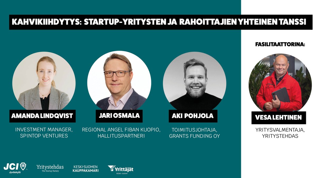 Startup-yrittäjä - tiedätkö, miten eri rahoittajat ja rahoitusinstrumentit osuvat startup-yrityksen eri elinkaaren vaiheisiin? Vastauksia luvassa maksuttomassa Kahvikiihdytyksessä pe 30.9. Yritystehtaalla ja livestriimissä bit.ly/3BLxKJl
<a href="/KS_kauppakamari/">Keski-Suomen kauppakamari</a> <a href="/KSyrittajat/">Keski-Suomen Yrittäjät</a>