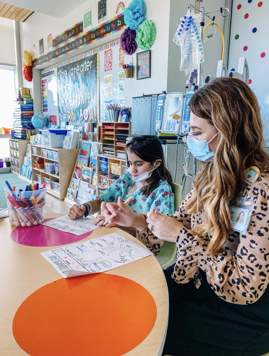 Nemours's tweet photo. Eight-year-old Samai enjoys her visits to the hospital classroom. Becca Grysko, Certified Teacher, ensures that patients with cancer and other medical conditions can continue learning during long hospital stays. #childhoodcancerawareness #CCAM https://t.co/v4R7xlGjv7