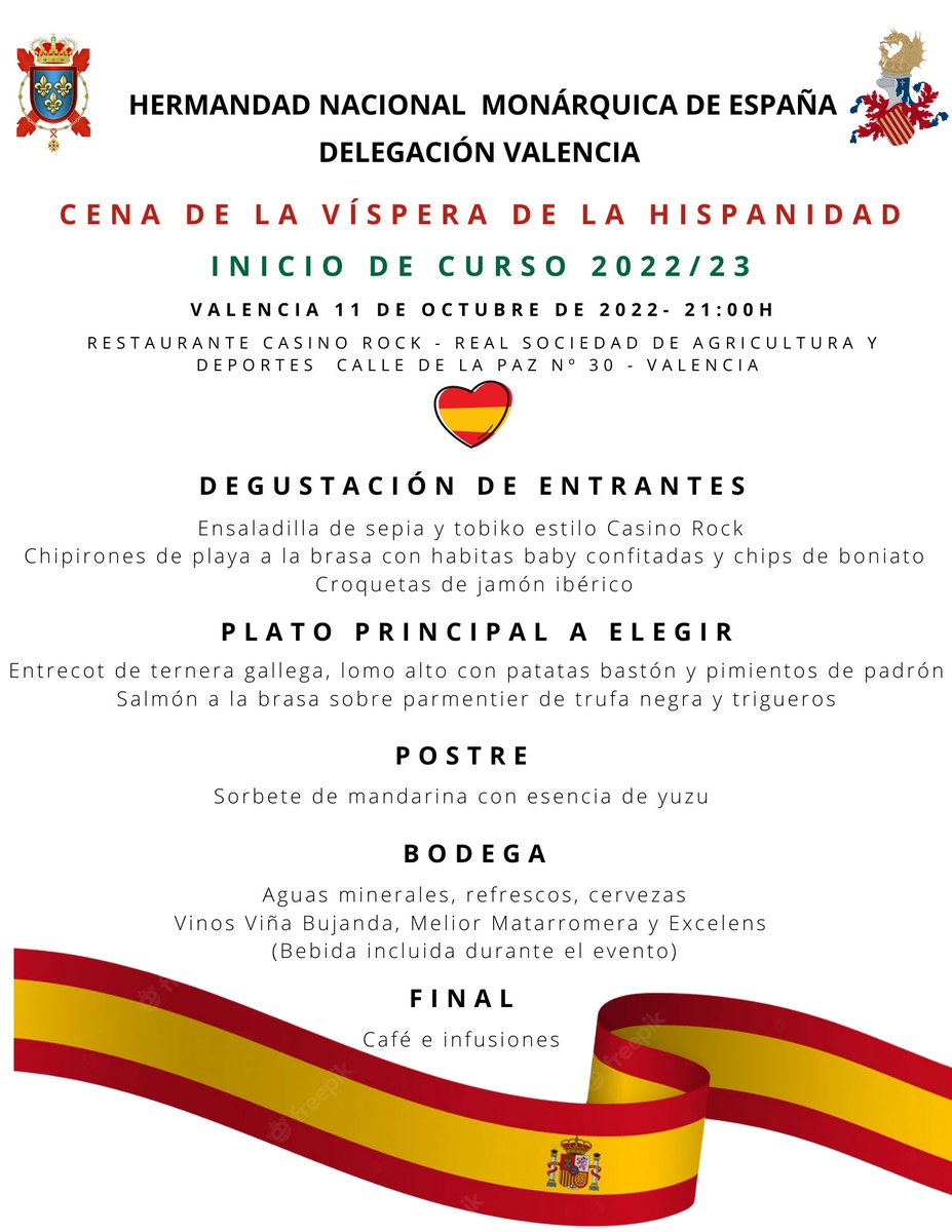 MonarquicosEs's tweet photo. La Delegación de #Valencia de la #HNME ha organizado para la víspera de la #celebración del #DíadelaHispanidad un cena informal para reencontrarnos de nuevo y dar inicio al nuevo curso monárquico 2022/23 https://t.co/MI1VHIMEUK