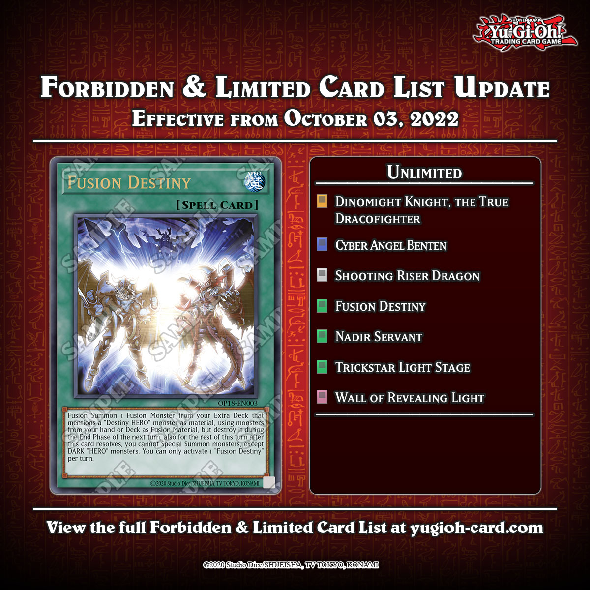 ⚠️ Attention Duelists! ⚠️

The #YuGiOhTCG Forbidden & Limited List has been updated!
These changes go into effect October3, 2022.

The full list can be found at: bit.ly/3LRl9Jq

#YuGiOh