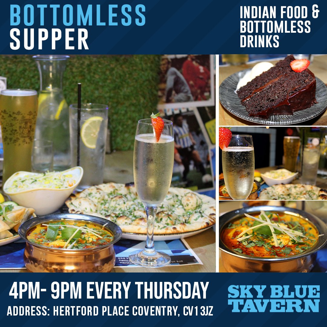 SkyBlueTavernPH's tweet photo. Sky Blue Tavern's Bottomless Supper - every Thursday between 4pm-9pm! 2 courses, 2 hours and unlimited drinks!
Book your table now: https://t.co/jg34MCYvaG
#skybluetavern #coventry #indianfood #indiancuisine #bottomlessdrinks #BottomlessSupper #skybluearmy #ghosttown #prosecco https://t.co/lknYQDmZsR
