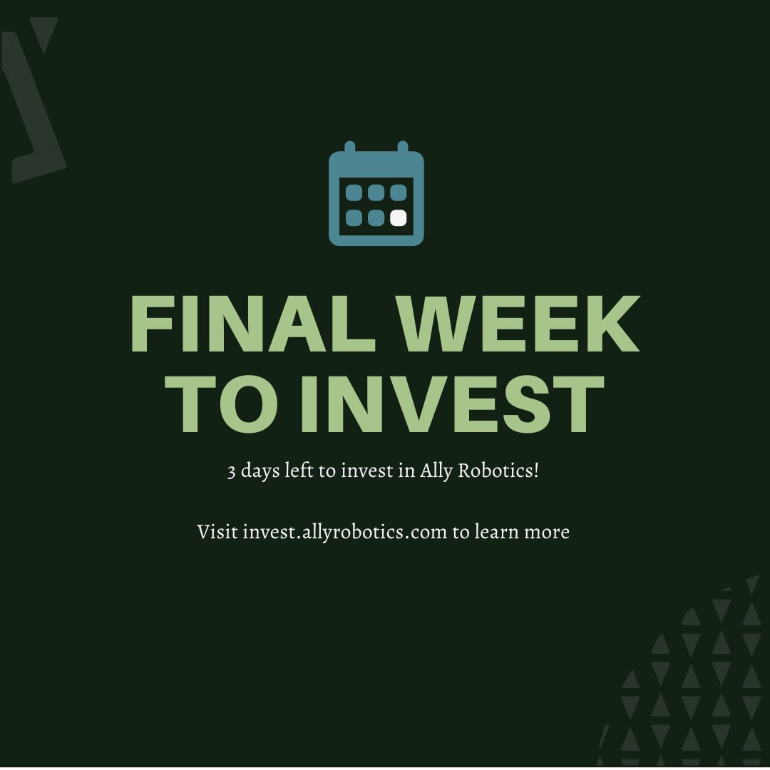 allyrobotics's tweet image. We&apos;ve made it to the final week! We&apos;re thrilled to share that we&apos;ve raised more than $2m and counting as we head for a strong close on Thursday at midnight. There&apos;s much to look forward to this week, so stay tuned and make sure to get your equity shares at invest.allyrobotics.com