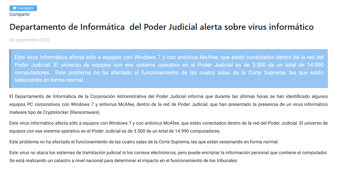 1ZRR4H's tweet image. El Poder Judicial de Chile 🇨🇱 está respondiendo a un ataque de #Ransomware que logró o podría comprometer ~3.500 equipos (con Windows 7 y McAfee) en la red.

[+] pjud.cl/prensa-y-comun…

No hay atribución confirmada, pero hay sospechas de #LockBit, grupo altamente capacitado 🚨