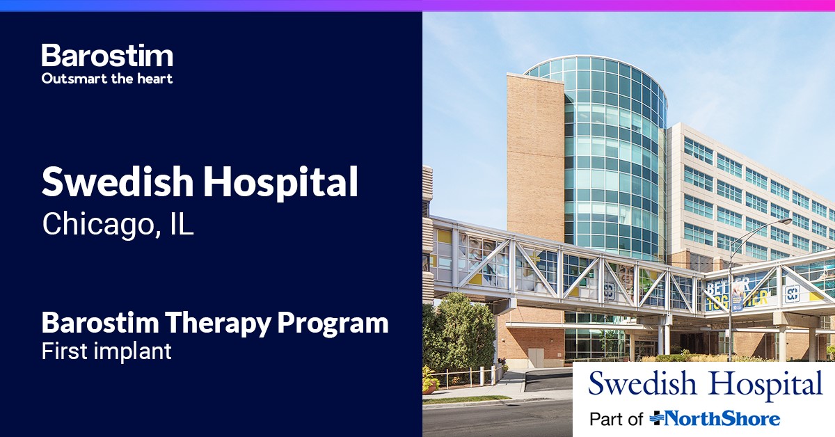 CVRx_Barostim's tweet photo. We’re proud to partner w/Swedish Hospital in Chicago, part of @NorthShoreWeb, on their 1st #Barostim implant – a #heartfailure therapy that rebalances the autonomic nervous system to improve QoL for patients beyond #GDMT alone.

ISI: https://t.co/PmON5mBwnr
#cardiotwitter #epeeps https://t.co/1nQYuJIZXS