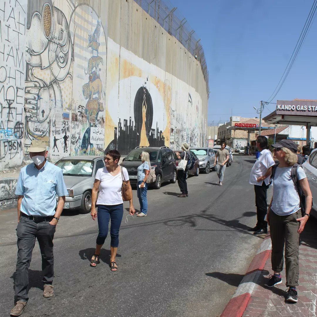 JAIPalestine's tweet photo. Day one of the partner German Evangelische Kirchengemeinde Eschenbach-Heiningen group of 10 people's program in Palestine with the JAI and the EJ YMCA.

It included JAI' geopolitical presentation, tour around the Wall and settlements, Nativity Church, and Rehabilitation Program. https://t.co/ITpG4lGpe6