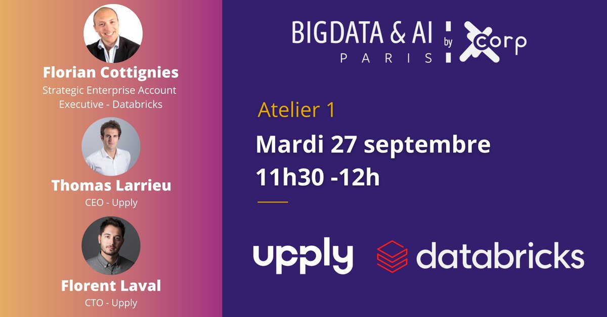 Nous serons sur scène avec <a href="/LavalFlorent/">Florent L.</a> et ☁ Florian demain au salon BIG DATA &amp; IA 2022 👊

📅 Mardi 27 septembre •11:30 - 12:00 (Palais des congrès)

<a href="/upply_FR/">upply</a>, pionnier de la Supply Tech, analyse et anticipe les fluctuations du marché grâce au Lakehouse de <a href="/databricks/">Databricks</a> 🚀