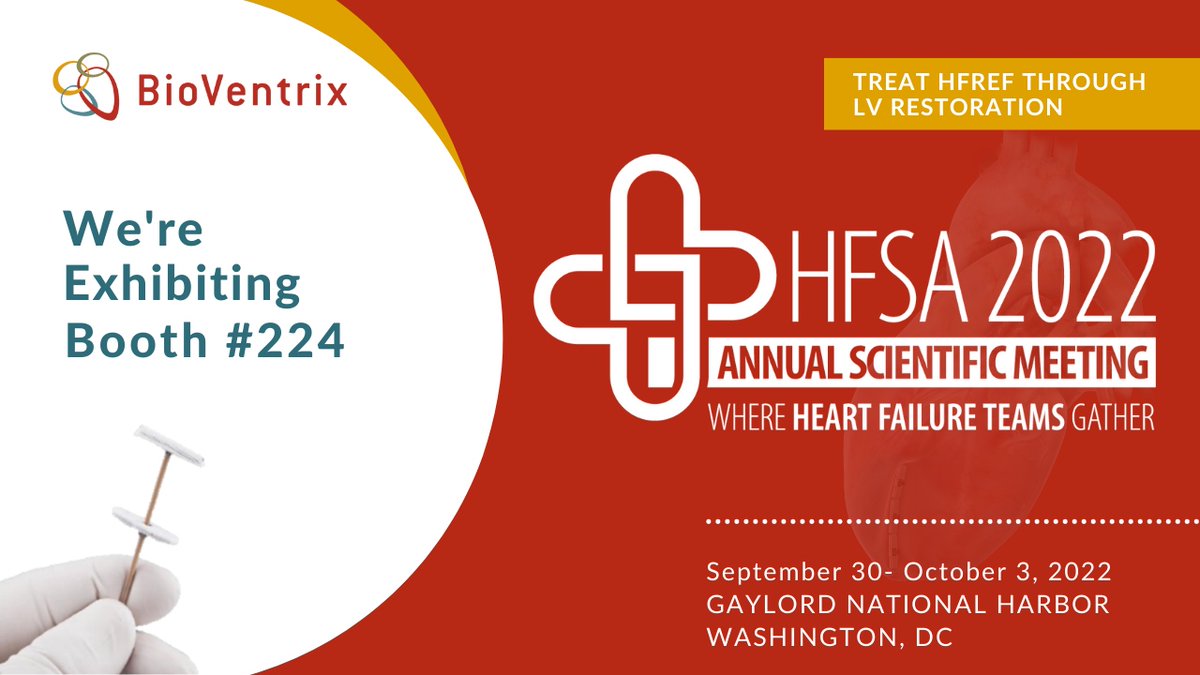 BioVentrix (@bioventrix) on Twitter photo Looking forward to #HFSA2022 in Washginton, DC! Visit us at booth #224 to learn how we can help Treat HFrEF &  Achieve Heart Failure Remission Through LV Restoration together.
#HeartFailure #StructuralHeart #LVreshape #ReviventTC #LIVETherapy
HFSA Looking forward to #HFSA2022 in Washginton, DC! Visit us at booth #224 to learn how we can help Treat HFrEF &  Achieve Heart Failure Remission Through LV Restoration together.
#HeartFailure #StructuralHeart #LVreshape #ReviventTC #LIVETherapy
HFSA
