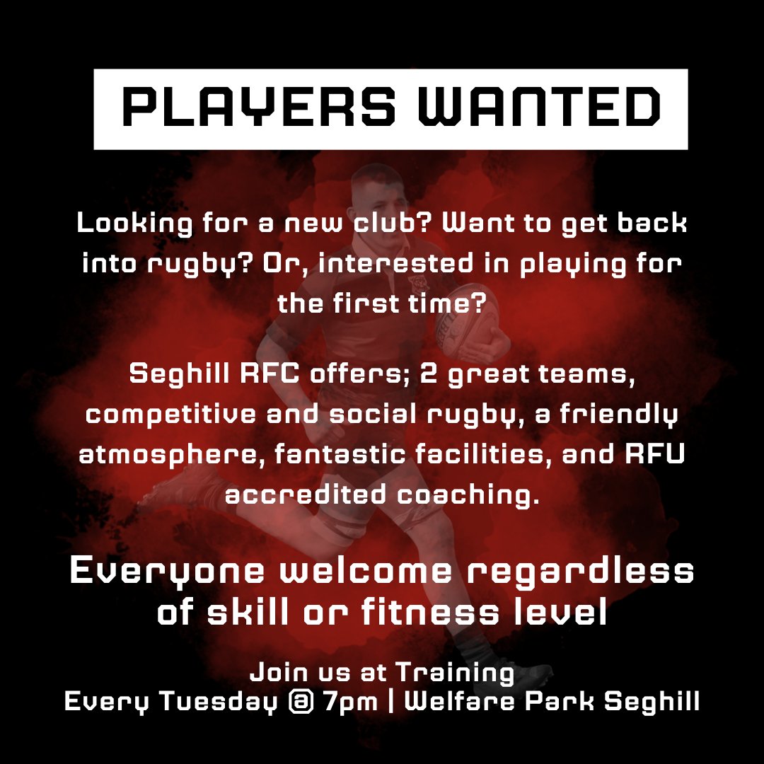 🏉 Fancy Giving Rugby A 'TRY'? 🏉

**Please Share**

We are currently recruiting players across both of our teams and inviting individuals of all abilities and experience levels to our training sessions every Tuesday at 7 pm. 

#Seghill #NorthumberlandRugby #NorthEastRugby