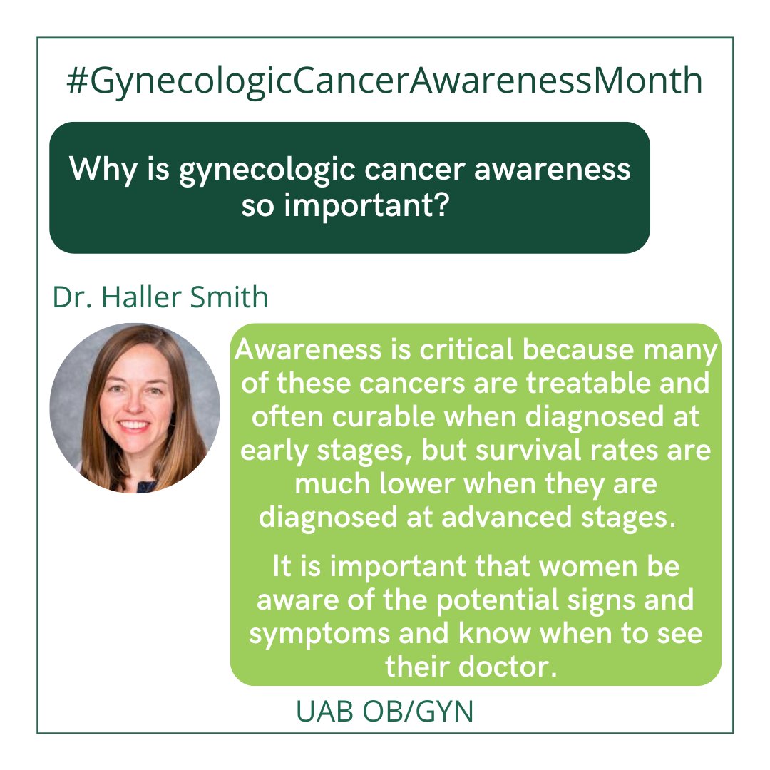 Gynecologic cancers include cancers that start in the ovary or fallopian tube, uterus, cervix, vagina, or vulva.

It's important that women be aware of the potential signs.

#GynecologicCancerAwarenessMonth #cancer <a href="/hjsmith19/">haller smith</a> <a href="/UABHeersink/">UAB Heersink School of Medicine</a> <a href="/uabmedicine/">UAB Medicine</a> <a href="/UABNews/">UAB</a> <a href="/ONealCancerUAB/">UAB O'Neal Comprehensive Cancer Center</a>