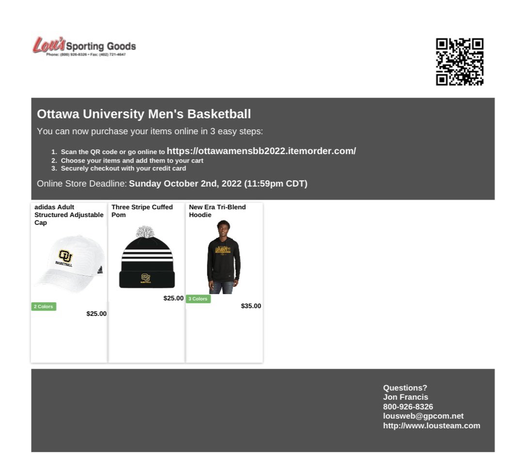 Our team store is 𝐨𝐩𝐞𝐧‼️ Check out our store and get some 🔥 Braves Basketball gear! The store will be open until October 2nd

🔗: ottawamensbb2022.itemorder.com/shop/home/

#BraveNation | #Ev3ryday