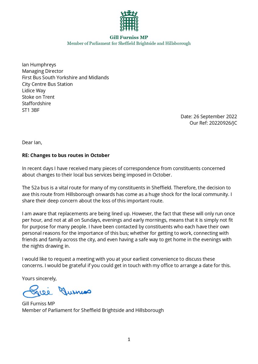 GillFurnissMP's tweet photo. I am deeply concerned by the plans to axe the 52a bus route from Hillsborough onwards. I have written to First Bus asking for an urgent meeting to discuss the future of this important service. https://t.co/otsiS2isB3