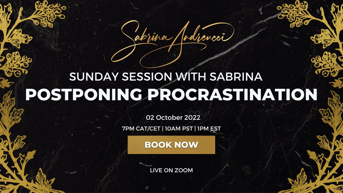 Join this Sunday Session with Sabrina, an interactive group coaching experience, on the topic POSTPONING PROCRASTINATION, 02 October 2022.

Understand the root behind why we deploy delay tactics &amp; how to instill self-motivation instead 

Book your seat: bit.ly/3C7VPvd