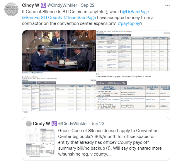 CindyWinkler's tweet photo. The Cone of Silence ordinance needs to be updated to include "any projects for which STL County funds are expended." @DrSamPage @TeamSamPage @SamForSTLCounty wrongly took campaign$ from owner of Kwame Construction/Thompson as part of Convention Center project. @explorestlouis https://t.co/zGwO3xjLZN