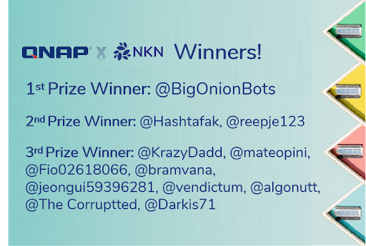 NKN_ORG's tweet photo. Here are the Winners for @QNAP_nas x @NKN_ORG #nConnect Twitter campaign! Big Congrats to all winners, especially for the 1st prize (QNAP TS-431K 4 Bay NAS) winner @BigOnionBots! A great thanks to all the participants & stay tuned for more rewards!!!! https://t.co/pMv5Zn4QIb