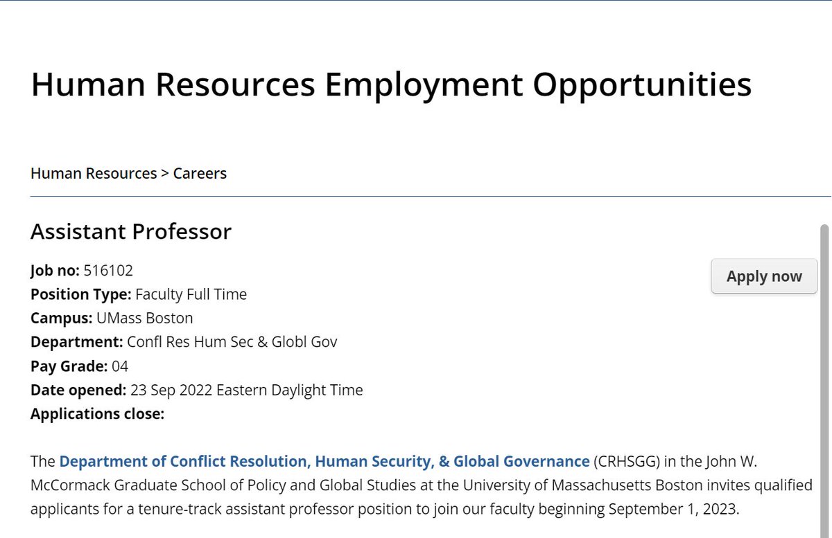 We are hiring! The CRHSGG department in the @McCormackGrad at @UMassBoston invites qualified applicants for a tenure-track assistant professor position to join our faculty in the #Conflict #Resolution program from 09/2023. More employmentopportunities.umb.edu/boston/en-us/j… @StacyDVanDeveer @jpugh00